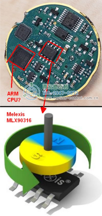 在PCB的中心，有Melexis芯片和可能的ARM微控制器